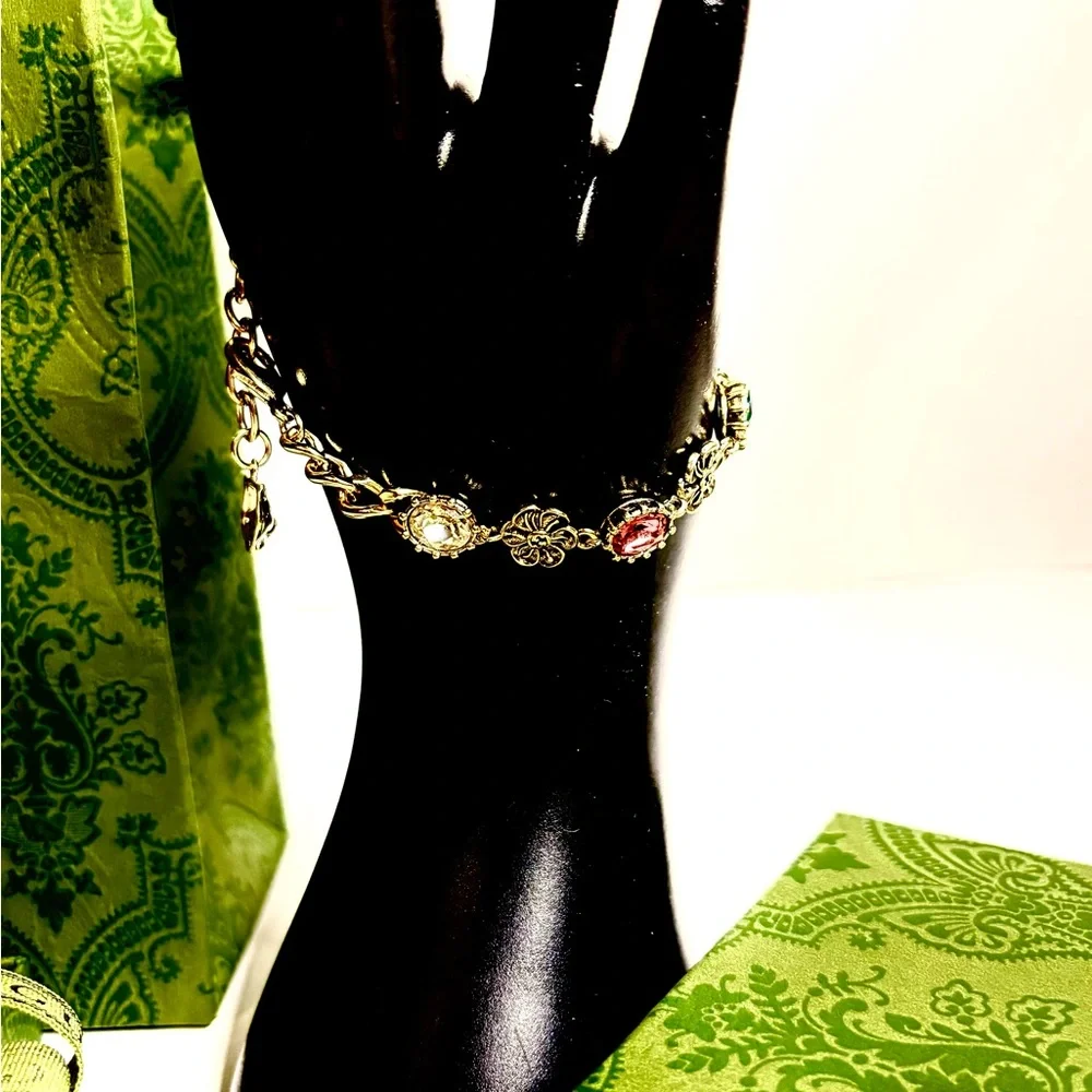 Vintage Multicolored Crystal Gucci Bracelet with Tiger Head Charm